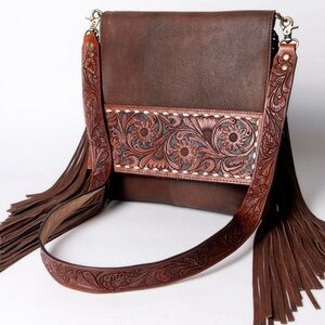 American Darling Brown Tooled Floral Fringe Crossbody Bag